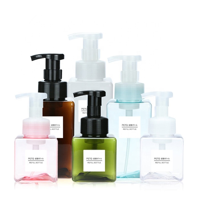 250ml 450ml 650ml PETG empty square shaped plastic foam bottle facial cleanser liquid soap dispenser