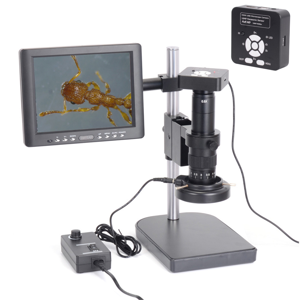 16MP 1080P 60FPS 2K HDMI-Compatible USB Industrial Microscope Camera with 180X C-mount Lens LED Light Microscope LCD Screen