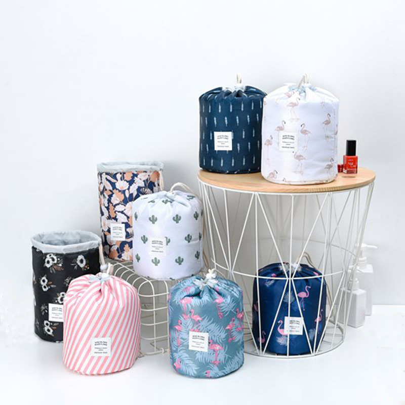 230T polyester printed cylinder drawstring make up bag,multi-functional barrel shaped cosmetic bag