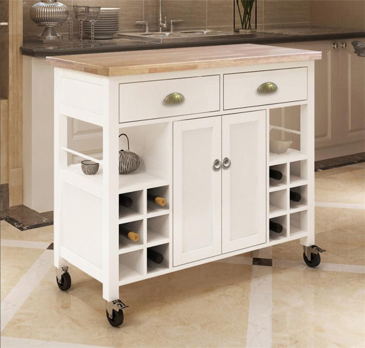 Multifunctional Wood White Island Cabinet Food Cart Kitchen Cart Kitchen Trolley