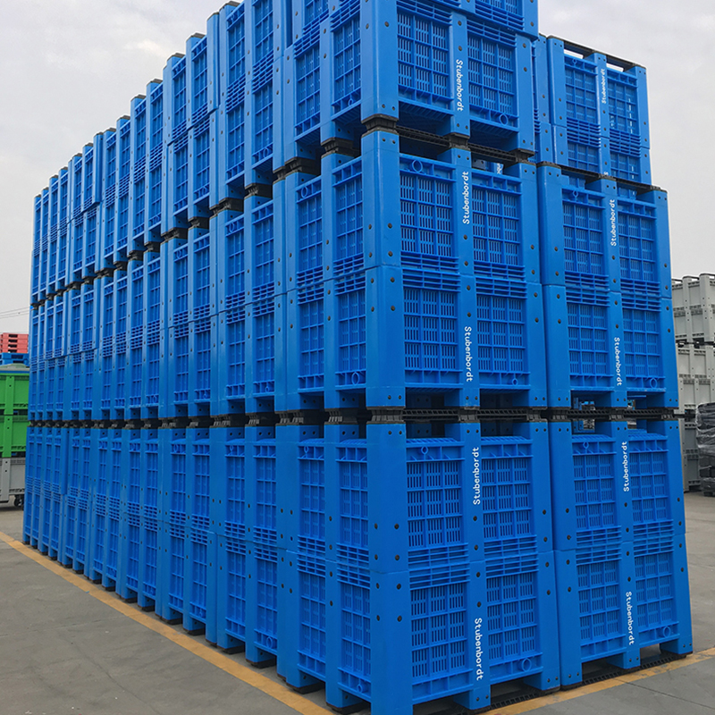 Four ways entry vented pallet box plastic crate with lid
