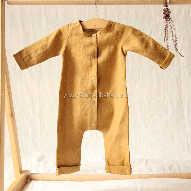 Natural Soft Linen Infant Baby Romper, Long Sleeve Overall outfits for Unisex Baby