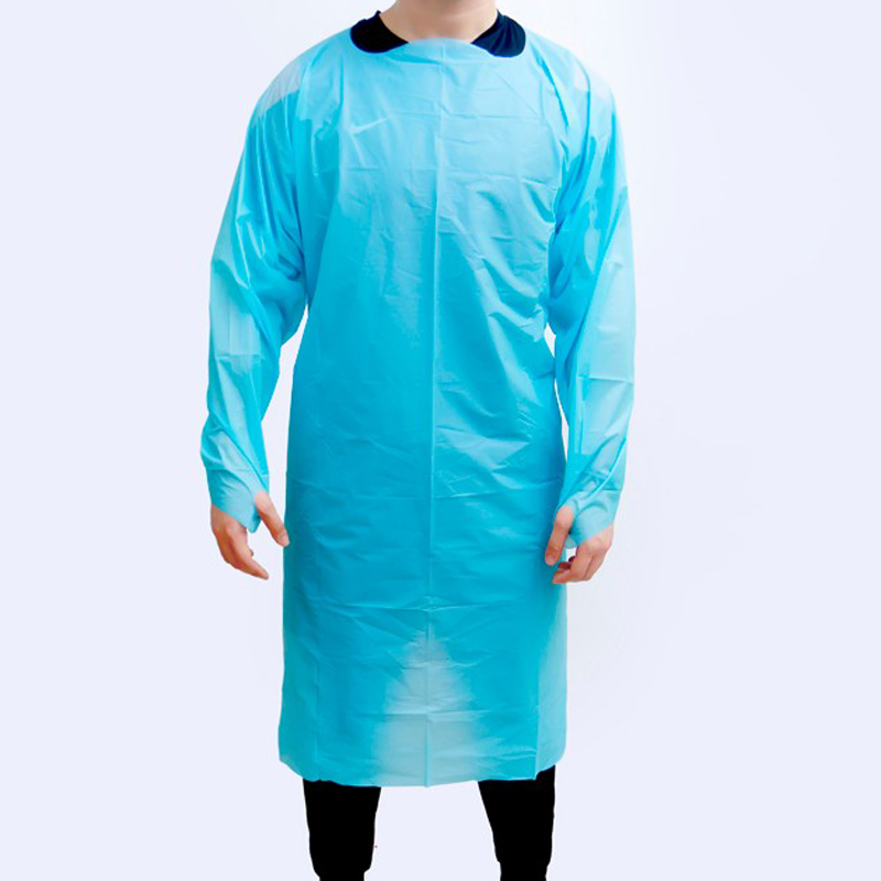 Cheap wholesale waterproof blue isolation PE/CPE gown with full back Styled with a hook-and-loop neck closure