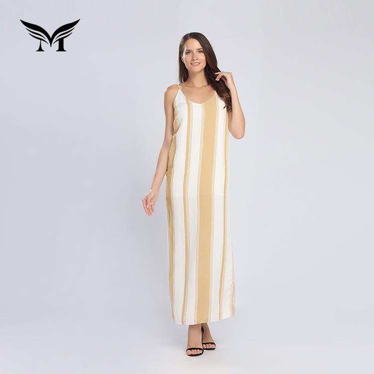 Comfortable cheap stripes long one piece plain cotton linen summer simple dress women casual