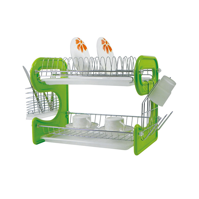 Two tier stainless steel plastic dish rack with tray and cutlery holder