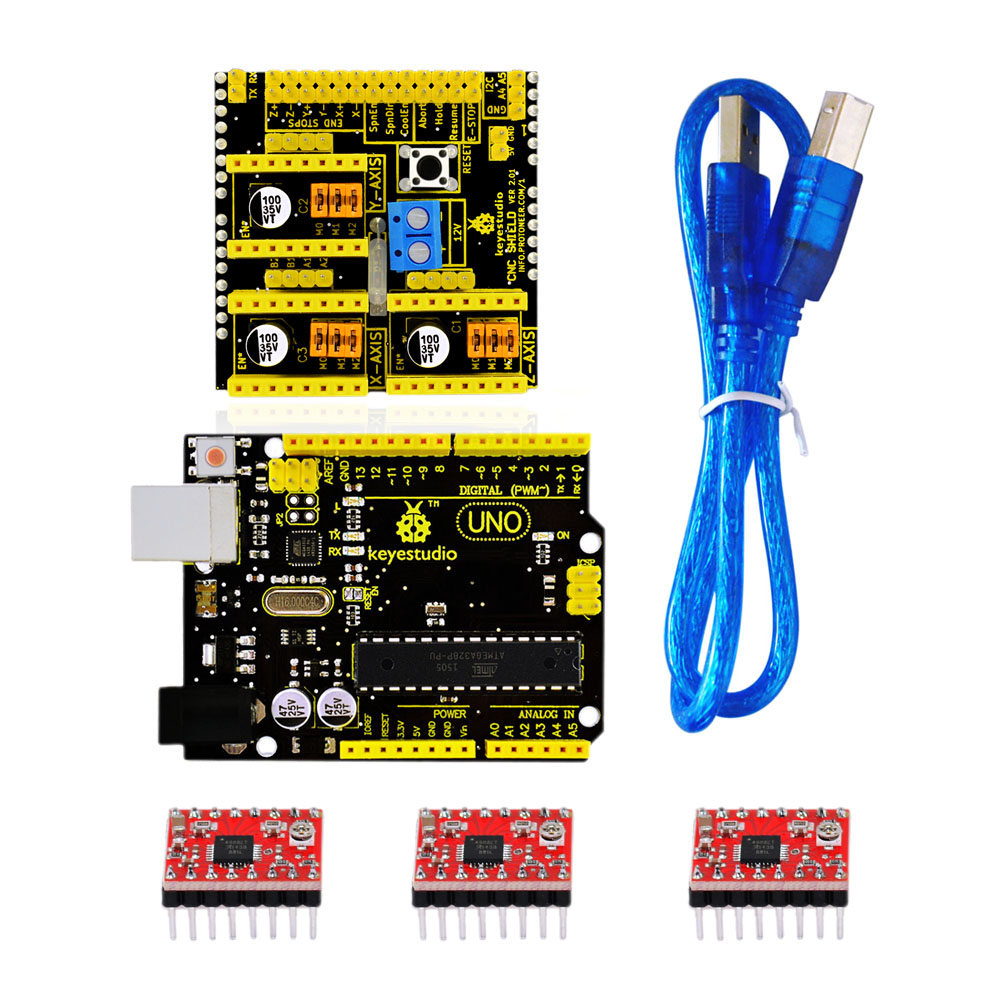 Keyestudio ЧПУ Kit (щит с ЧПУ V2 + UNO R3 + 3 шт. A4988) grbl для arduinos ЧПУ atible