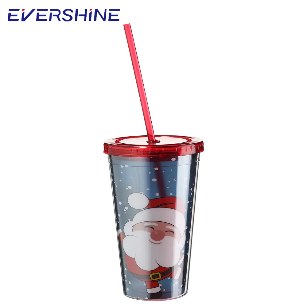 16oz Plastic Cups Hot Sale Wholesale Double Walled 16oz Plastic Cup Christmas Acrylic Tumbler With Straw