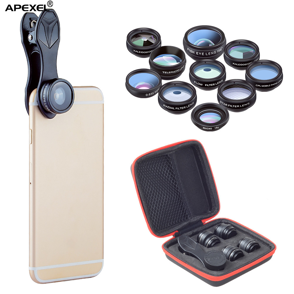 APEXEL Новое прибытие 10 в 1 мобильный телефон объектив Kit с радиальным фильтром калейдоскопический объектив № 4-линейный фильтр линзы в виде рыбьего глаза APL-DG10