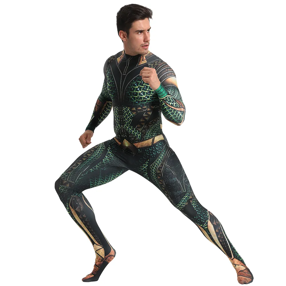 COSMOVIE Aquaman Jumpsuit Halloween Cosplay Costumes Arthur Curry Zentai 3D Muscle Bodysuit