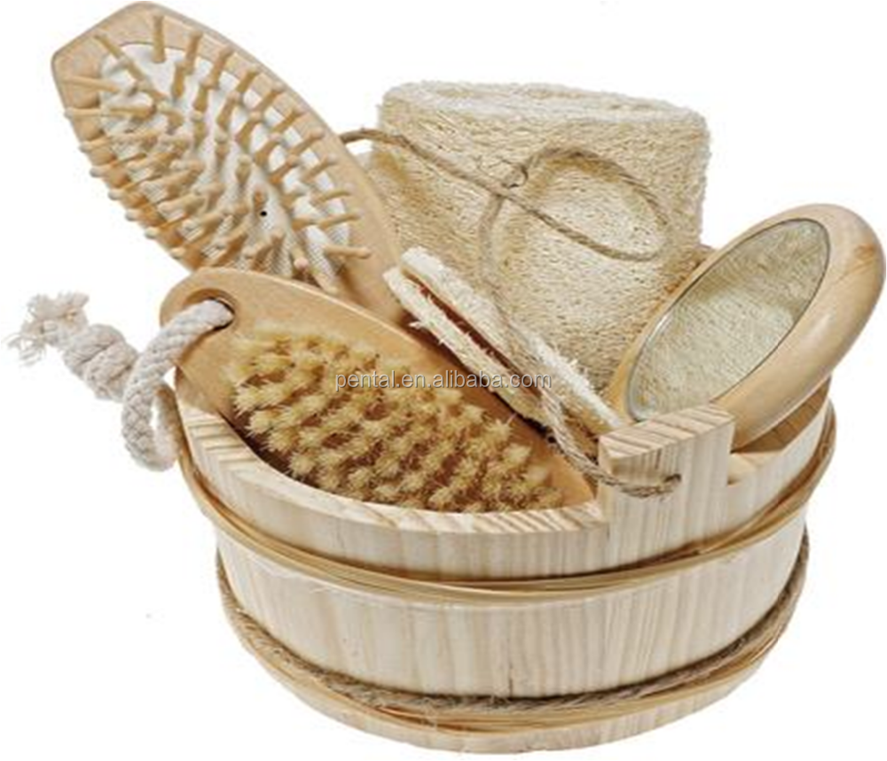 Bath Brush Set with Wooden Bucket