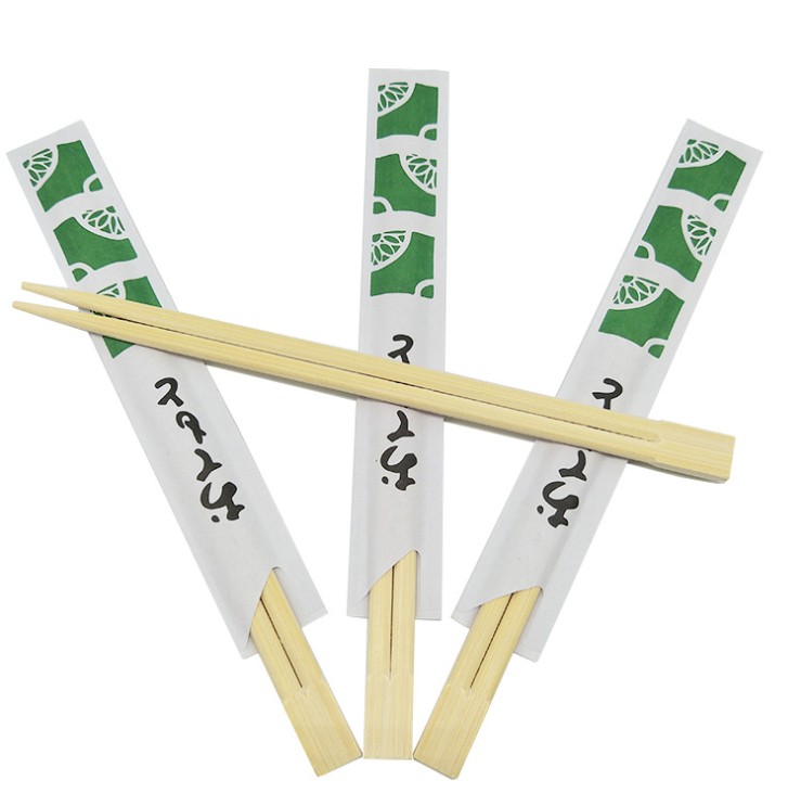 twin bamboo disposable chopsticks with custom designed paper sleeves wrapped