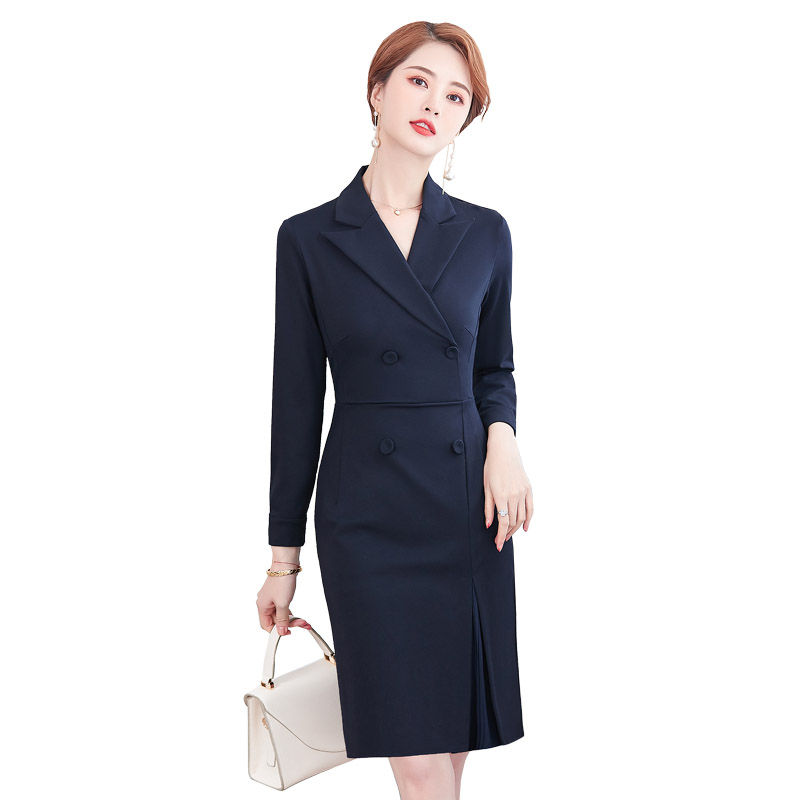 Navy blue long sleeved dress female autumn and winter high end temperament v neck dress wear skirt suit overalls Beauty
