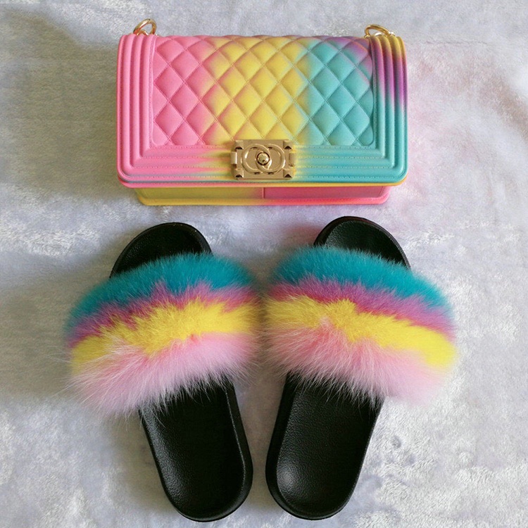 2020 Hot Selling Fox Fur Color fox fur slippers and Pvc Jelly Fashion Bags Women Handbags