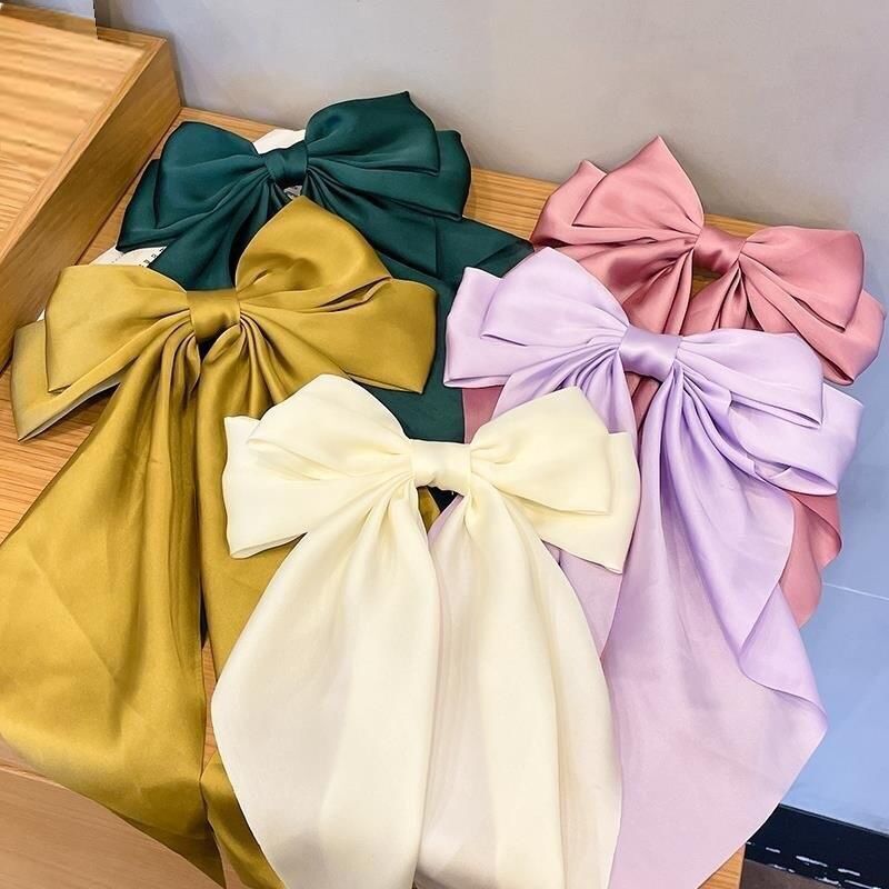Women Summer Chiffon Large Bow Hairpin Big Bowknot Stain Bow Barrettes Solid Color Ponytail Clip Hair Accessories