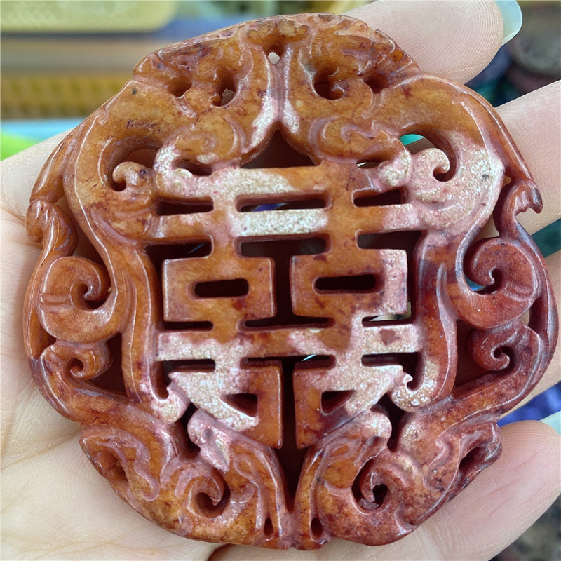 Hand carved stone double happiness dragon shape Jade pendant for necklace making