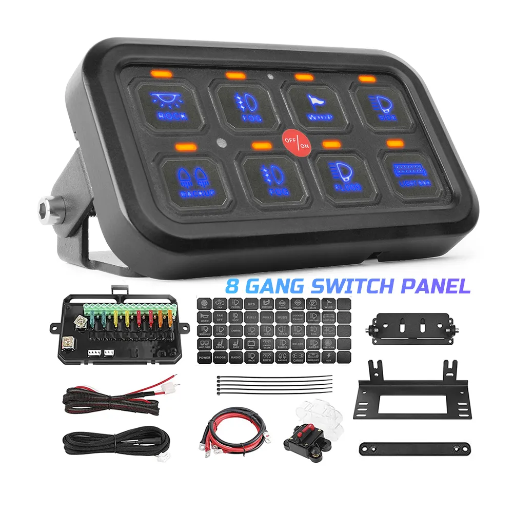 Marine Boat SUV Car Universal Automotive Off Road Lights 4x4 12V 24V 8 Gang LED Switch Panel With Circuit Control Box For Truck