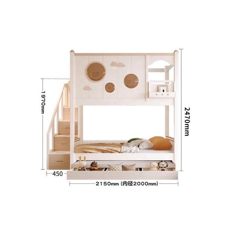 High Quality Durable Indoor Bedroom Furniture Set Kids Wooden Double Bunk Bed with Drawers Stairs and Slide-for Hotels Villas