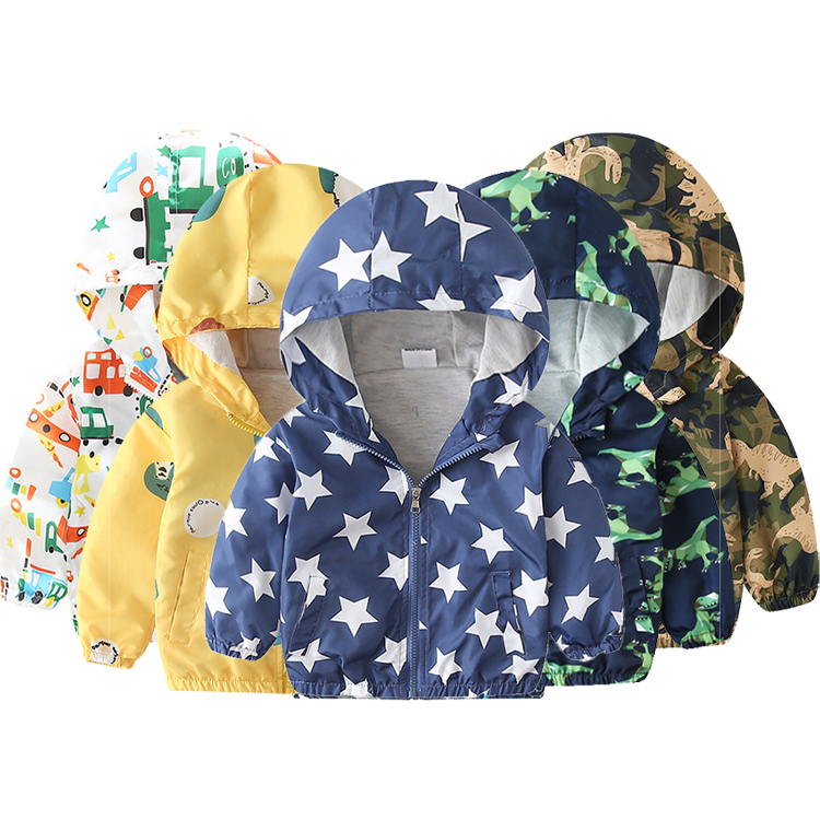 Cute Cartoon Pattern Printing Kids Spring Windproof Windbreaker Outwear Zipper Hooded Outdoor Jackets