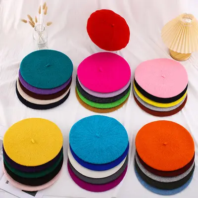 Custom Logo Embroidery Women Girl Beret French Artist Warm Wool Winter Beanie Hat Cap Vintage Plain Beret Hats Solid Color Elega