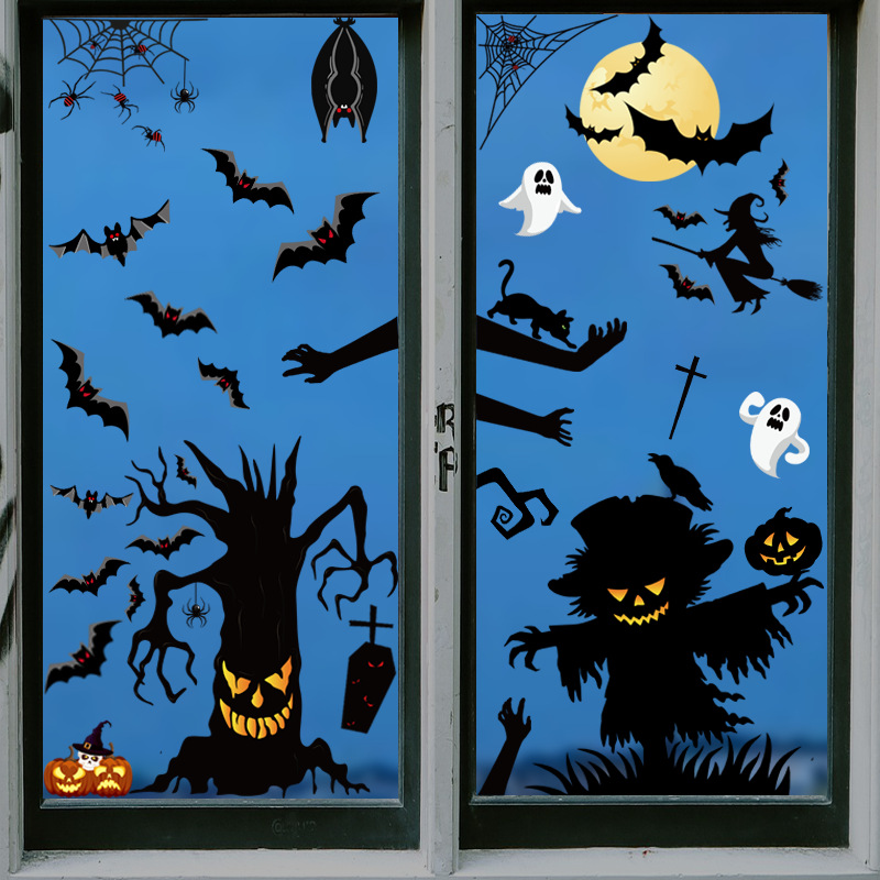 2021Halloween party decoration wall stickers cartoon stickers pumpkin lamp spider ghost electrostatic window stickers