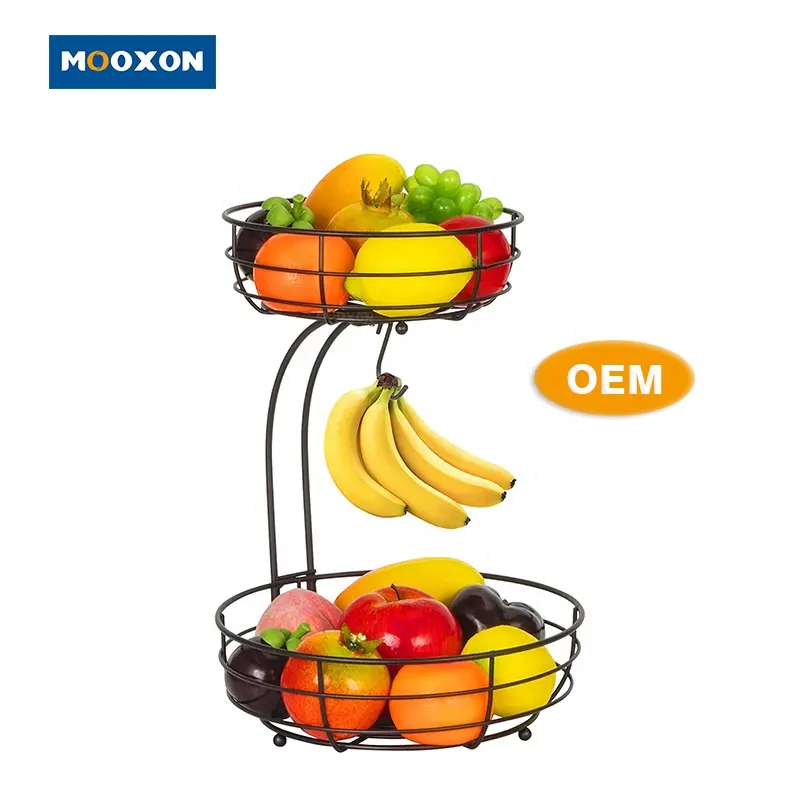 Amazon Wholesale 2 Tier Nordic Countertop Organizer Vegetable Bowl Holder Rack Kitchen Storage Fruit Basket With Banana Hook