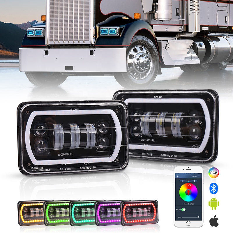 OVOVS внедорожник 4x6 "квадратная светодиодная фара с белым RGB кольцом гало мобильное приложение для управления осветительными системами для грузовиков