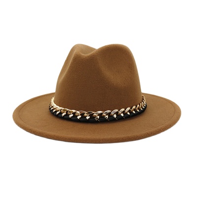EN-034 Unisex Classic Vintage Felt Jazz Fedoras , Women Belt Buckle Church Top Fedora Panama Hats With metal chain