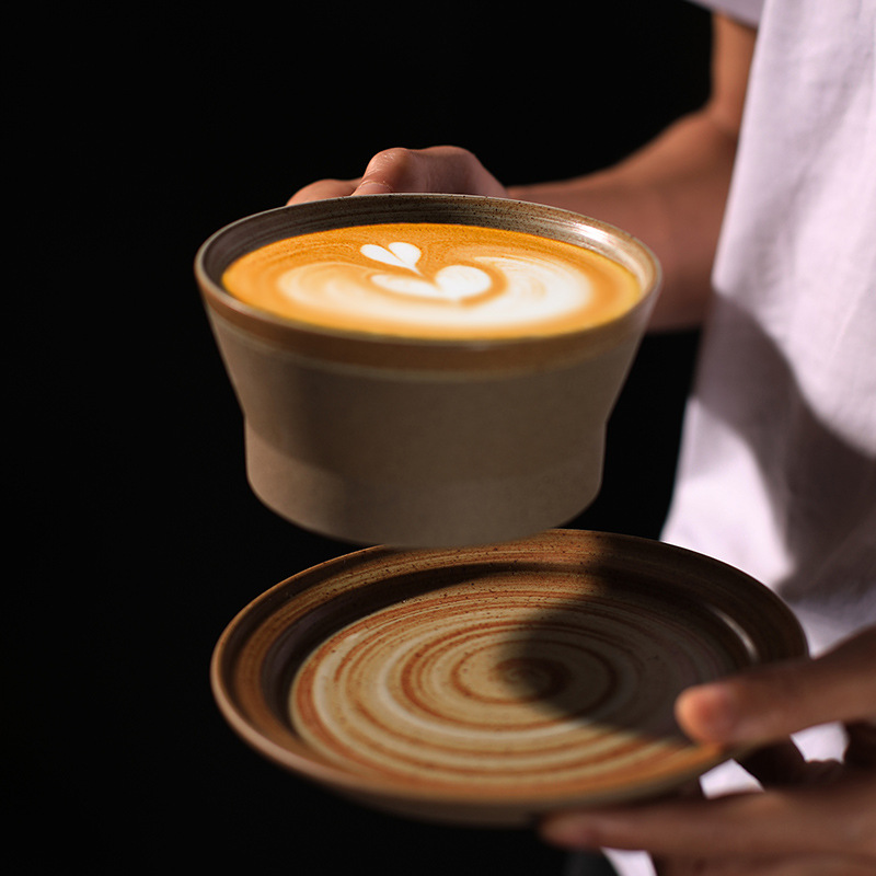 Vintage latte coffee cup with saucer gift DIY logo rustic ceramic mug