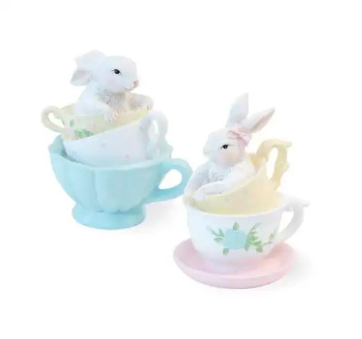 Stone Easter Bunny Collection 2 Piece Set for Decoration Boston International Tea Cup Rabbit Gentle Resin Figurine Souvenir Love