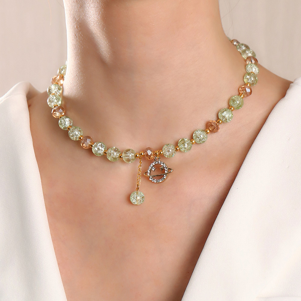 Fashion Clear Green Glass Beads Rhinestone Planet Charm Necklace Handmade Beaded Resin Choker Necklace
