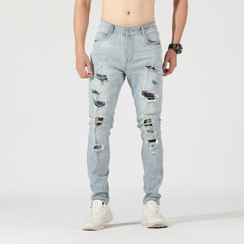 Wholesale custom logo slim fit trousers casual skinny denim pants fashion washed ripped men's jeans