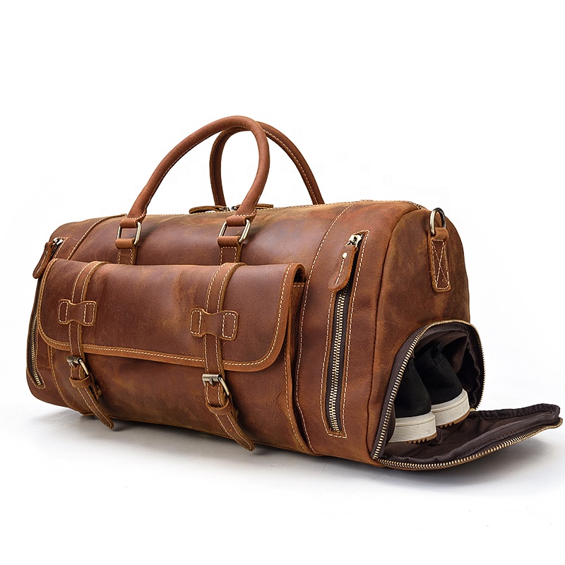 Men Leather Luggage Travel Bag With Shoe Compartment Manufacture Travelling Duffle Large Hand Cow Leather Travel Bag