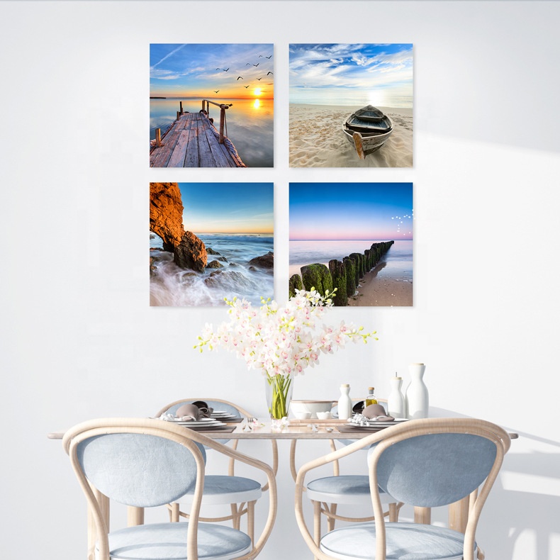 Sunset Sea Beach Modern Seascape Pictures Paintings on Canvas Wall Art 4 Panels Stretched Canvas Prints Artwork for Living Room