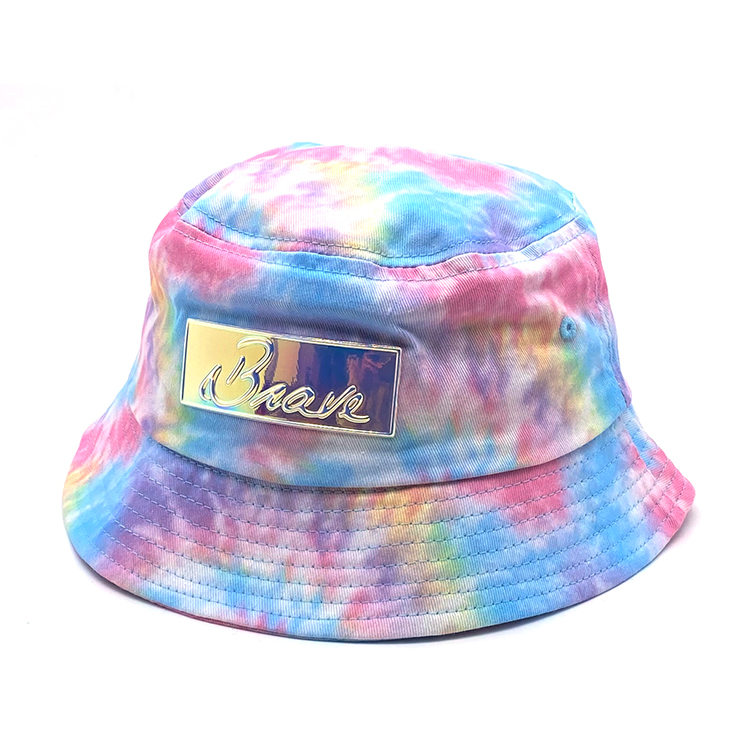 Hot sale 100% cotton tie dye fabric kids bucket hats custom logo holographic label patch children bucket hats