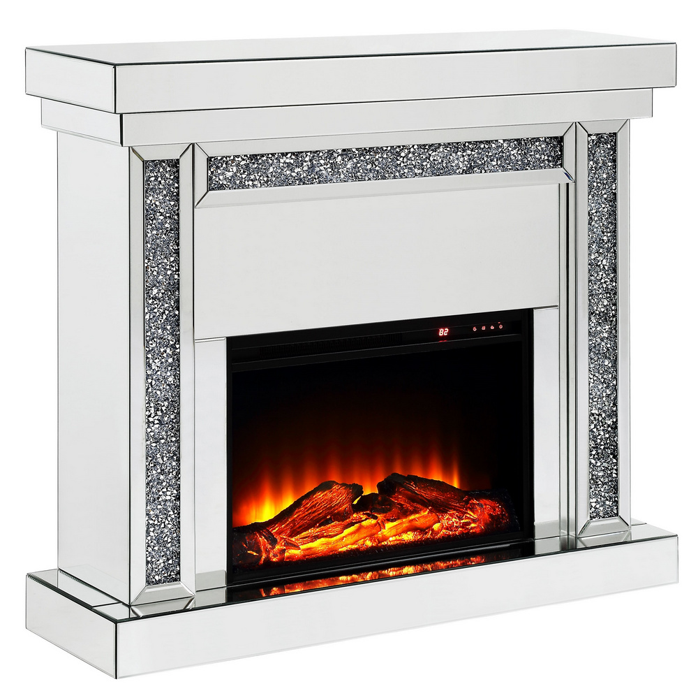 Silver Crushed Diamond LED Mirrored Fireplace with Blue-tooth and Speaker