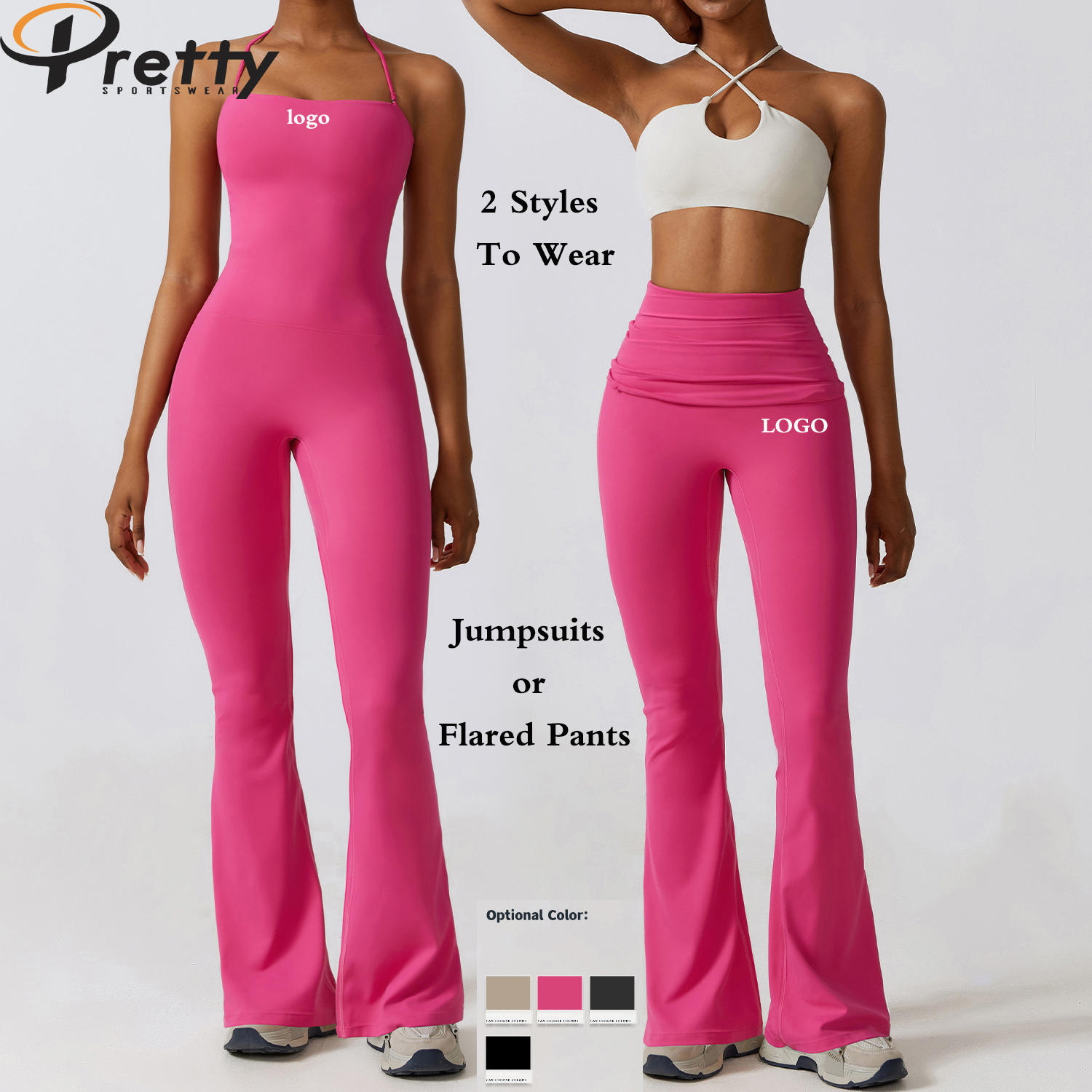 Custom LOGO Plus Size Women's Jumpsuits & Playsuits One Piece Flared Pants Bodysuit Casual Bell Bottoms Yoga Leggings For Woman