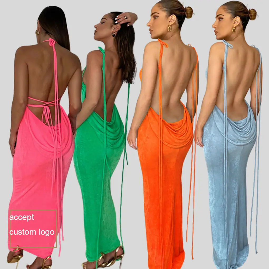 15 Colors Summer Sexy Open Back Slim Strap Dresses Women Long Party Beach Dress Spaghetti Strap Backless Draped Club Maxi Dress