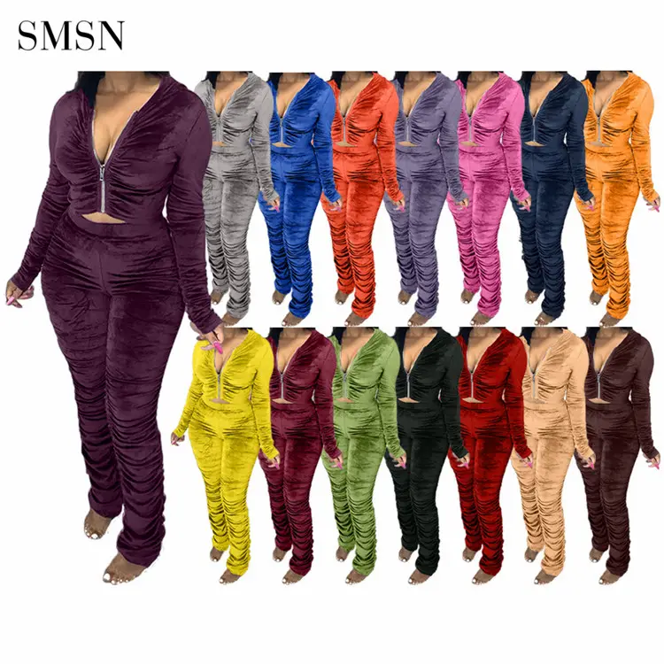 Hot Selling Velvet Crop Top Hoodie Stacked Pants Set Two Piece Pleated Sets Women 2 Piece