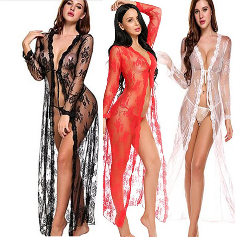 2021 Hot Sale New Ladies Clothing Oversized Sexy Lace Mesh Transparent Sexy Robe Nightdress Women's Underwear