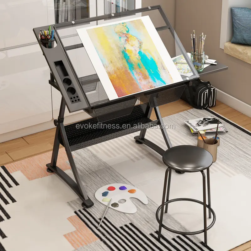 Glass Desktop School Furniture Adjustable Drawing Rolling Drafting table