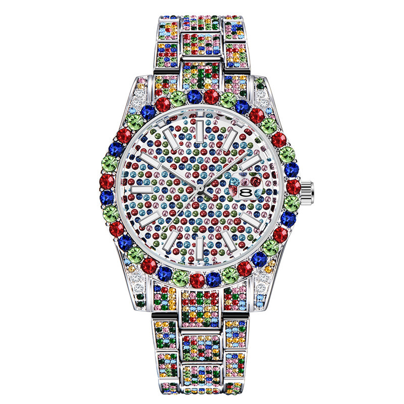 2021 New Hip Hop Jewelry Iced Out Rhinestones Watch Colorful Diamond Dial Roman Numerals Watch Light Quartz Watches With Date