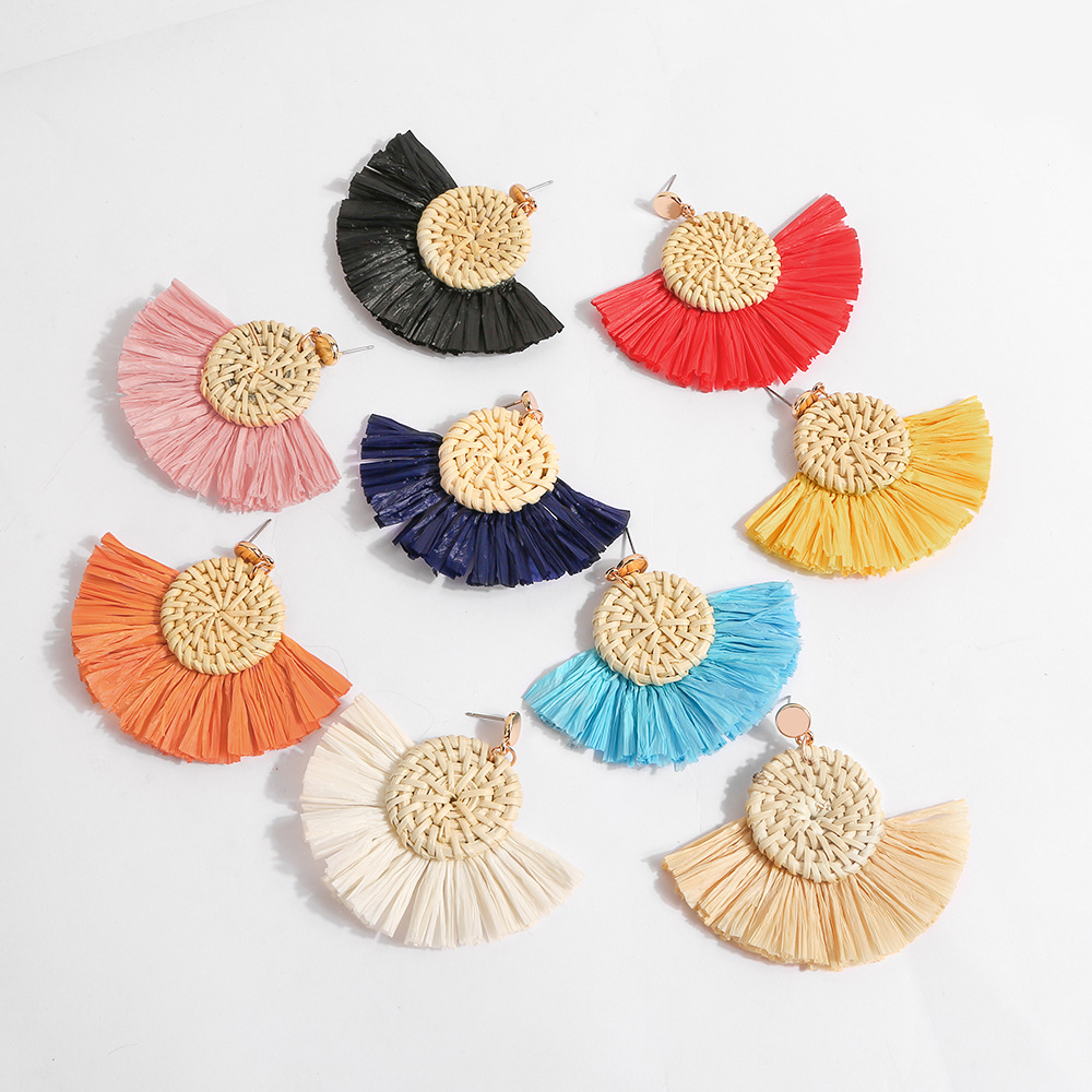 Rattan tassel Raffia fan-shaped fashion handmade exaggerated earrings
