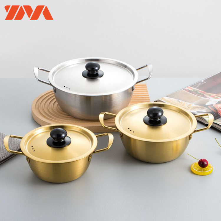 Korean style ramen soup pot double handle gold silver instant noodle pot sauce pot with lid
