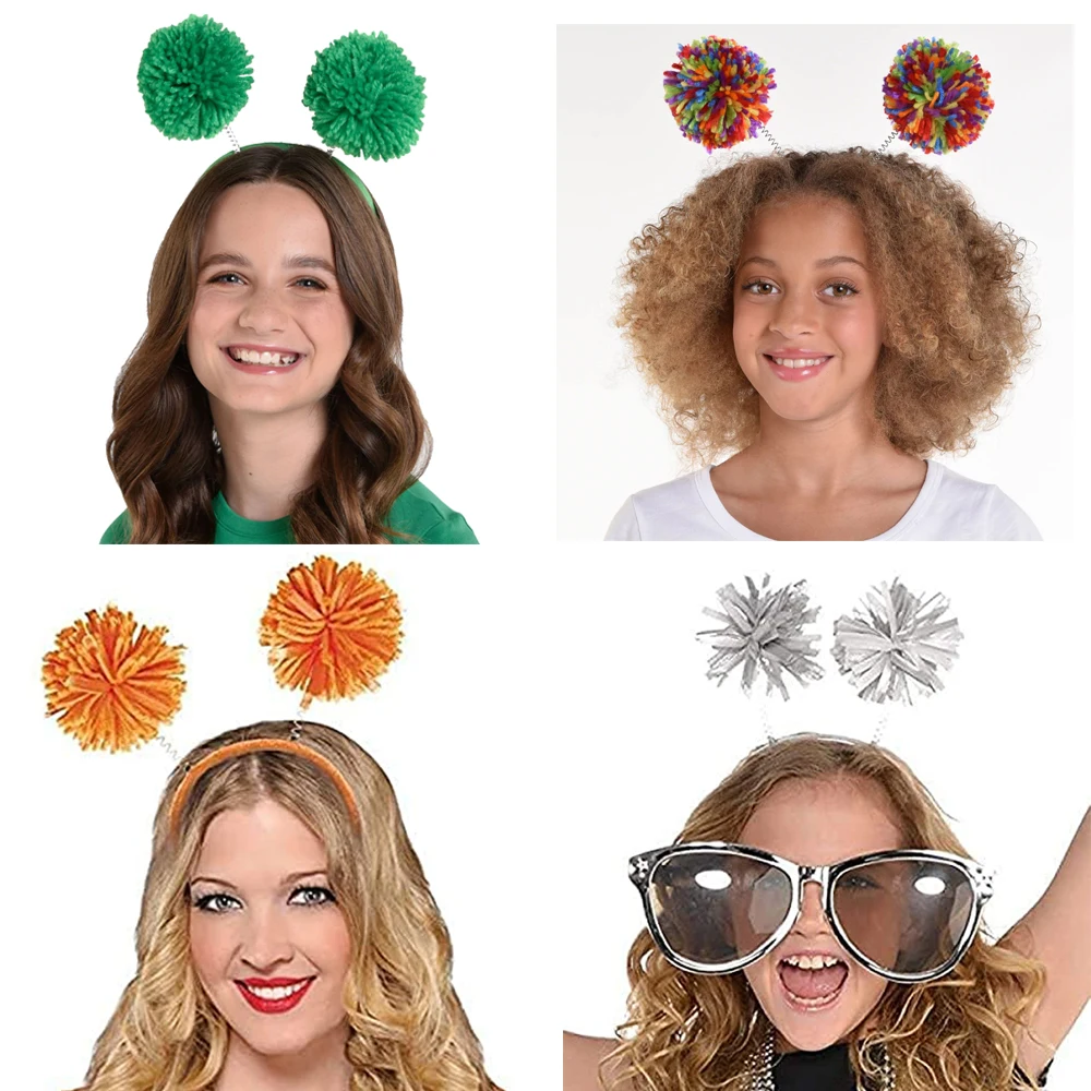 Wholesale school spirit headband party accessory rainbow pom pom head bopper yarn spings ball headboppers