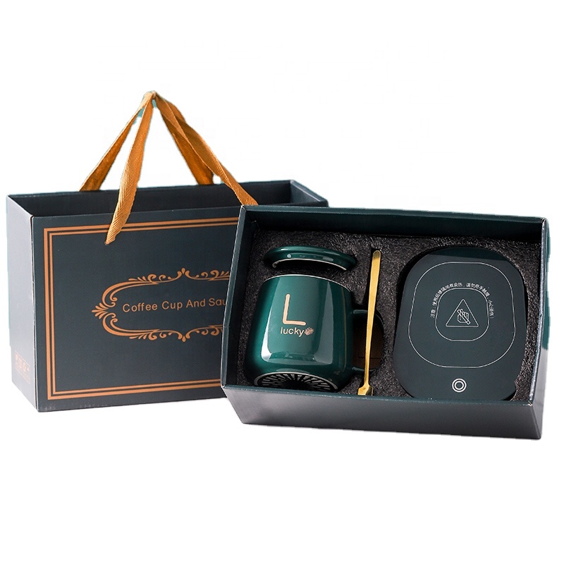 custom 55 Degree Thermostatic Heating Coaster Ceramic Cofee Mug With Spoon Gift Box breakfast milk cup