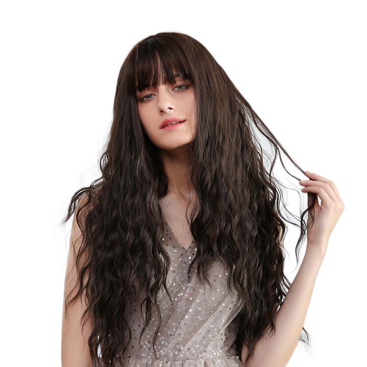 New Fashion Natural Dark Brown Synthetic Long Wave Curly Wig With Bangs Wigs for Women
