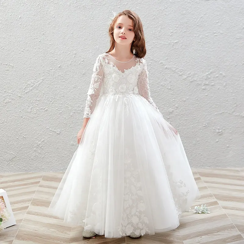 White Lace Puffy Princess Manufacturer Wedding Flower Girls Dresses