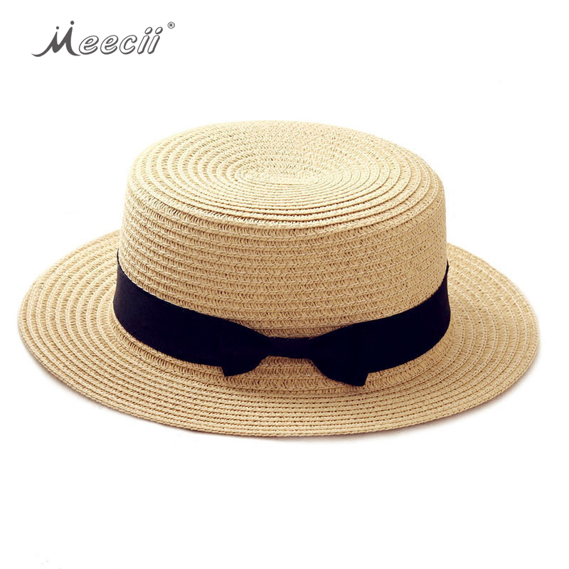 Summer Female Children Foldable Hand-knitted Sunshade Boater Hats Flat Top Bowknot Beach Caps Plain Straw Hat