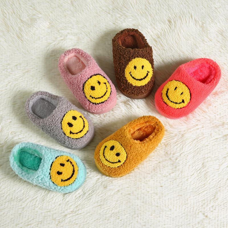 Children Smile Face Cozy Plush Comfy Warm House Slipper Slip-on Fur Slippers Cushioned Indoor Outdoor Clog Slipper For Kids