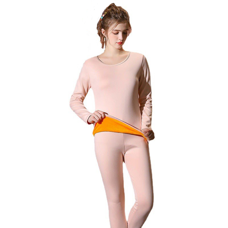 Plus Size Solid Color Plus Velvet Thick Slim Fit Winter Warm Girls Thermal Underwear Sets